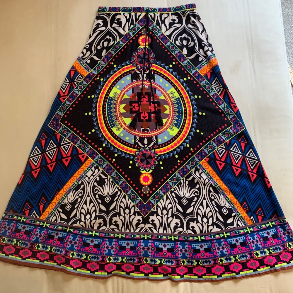 fab'rik Maxi‎ Skirt Geometric Tribal Print Tassel Womens M Festival Psychedelic